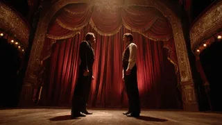 Dos figuras sobre el escenario de un teatro