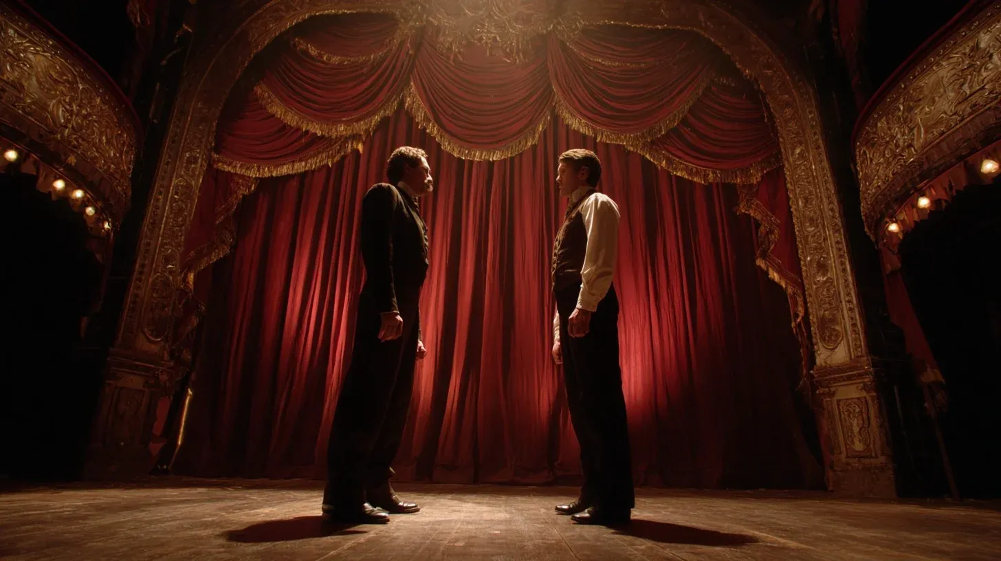 Dos figuras sobre el escenario de un teatro